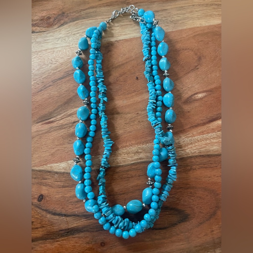 Turquoise Silver 3 Strand Statement Necklace - image 4